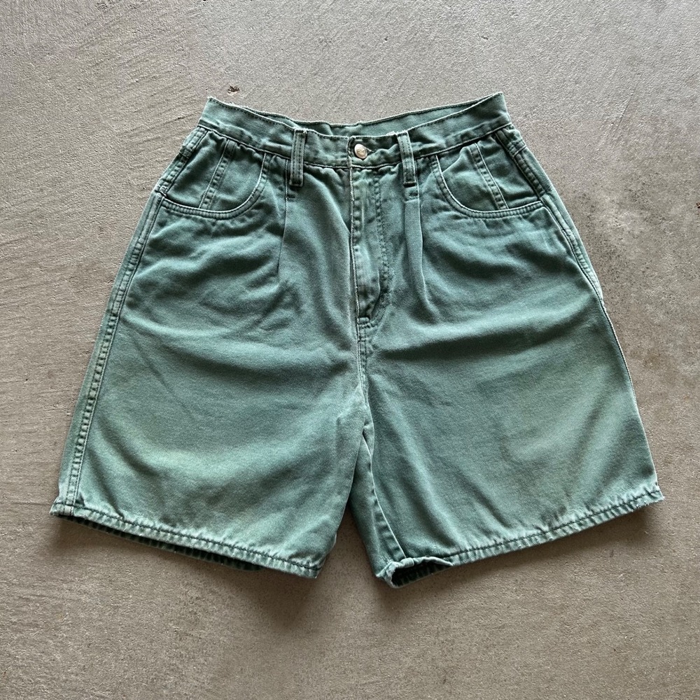 Vintage 90s Rio Pleated Shorts Size‎ 13 Green Denim Jean Jorts 7" Inseam